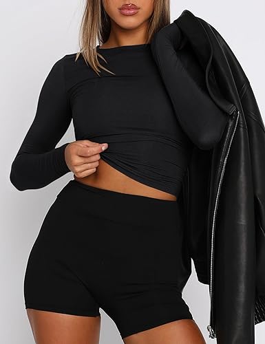 Image of AKEWEI Long Sleeve Crop Tops for Women 2 Pack Fall Going Out Outfits Cute Tight Basic Tees Shirt