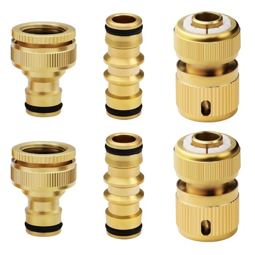 Image of Mdlufee 6 Pcs Brass Garden Hose Connector, Hose Fittings & Connectors Set with 2 Double Male Connector, 2 x Hose 1/2” End Quick Connect, 2 x 1/2” Hose Tap Connectors