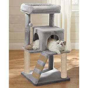 FURRLOVERS Fur Fabric Cat Kitten Tree | Hanging Toy | Ladder | Jute Rope | Scratching Post (Height 39 Inch) (Grey – FURR-83)