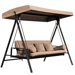 PURPLE LEAF Outdoor Patio Porch Swing Adjustable Backrest, 3-seat Swing Chair with Weather Resistant Steel Frame for Backyard Front Porch Lawn, Cushion and Pillows Included, Beige