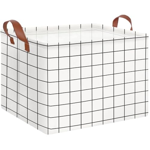 CLOCOR Rectangular Storage Basket,Collapsible Cute Pattern Storage Bin,Waterproof Coating Storage Box with Handles,Gift Baskets,Toy Organizer,Shelf Basket (white checks)