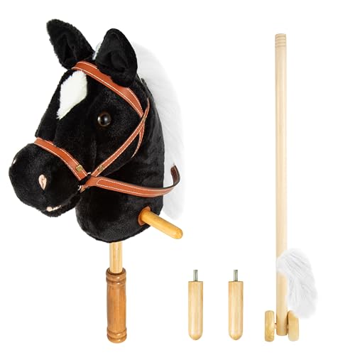 Stick Hobby Horse Riding Toy, Plush Horse for Toddlers Ages 3+, Ride On Toy Fun Pretend Play with Wooden Wheels and Real Pony Clip-Clop Sounds – Black, 39 Inches