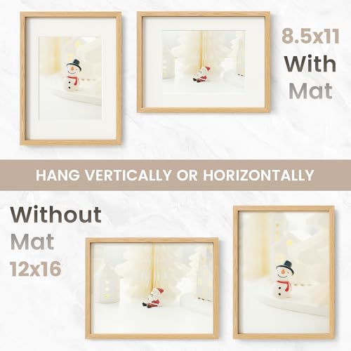 Image of 12x16 Picture Frame, USA-Sourced Natural Oak Wood Photo Collage Frame with HD Tempered Glass, Modern Simple 12 x 16 Wooden Frame Matted to 8.5x11, Vertical & Horizontal Wall Hanging Display