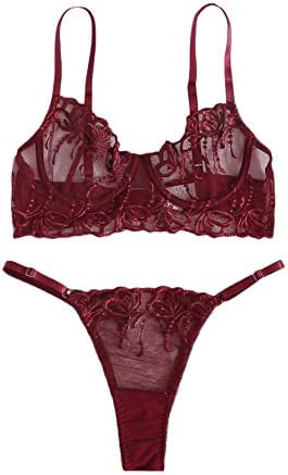 WDIRARA Women's Floral Embroidery Mesh Sexy Underwire Lingerie Set Bra and Panty Burgundy M