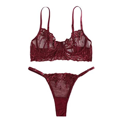 WDIRARA Women's Two Piece Floral Sheer Lace Lingerie Set Underwear Bra and Panty Set - - Medium Cover