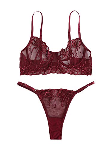 Wdirara Women's Floral Embroidery Mesh Sexy Underwire Lingerie Set Bra And Panty Burgundy M #TOP3