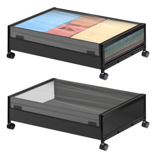 Image of 2 Pack Under Bed Storage with Wheels with Clear Lid Under The Bed Storage Organizer Bins Rolling Under Bed Metal Drawer for Clothes Shoes Blankets