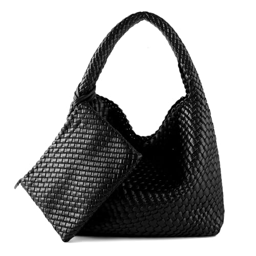 Image of Woven Bag for Women Vegan Leather Tote Bag Large Summer Beach Travel Handbag and Purse Retro Handwoven Shoulder Bag