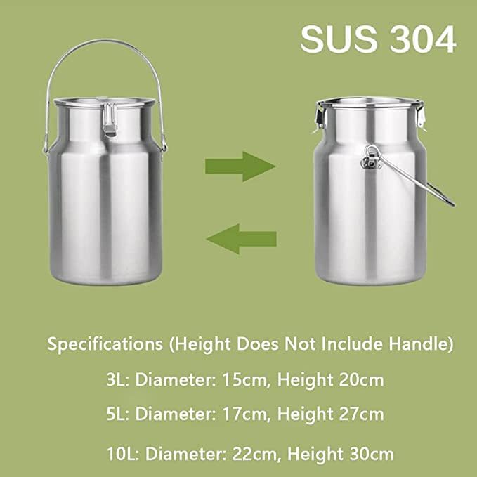 Milk Wine Bucket 304 Stainless Steel Milk Can with Sealed Lid and Single Handle for Solid Liquid Storage Container Milk Transport Bucket Wine Pail Milk Canister Tote Jug Barrel (10L)