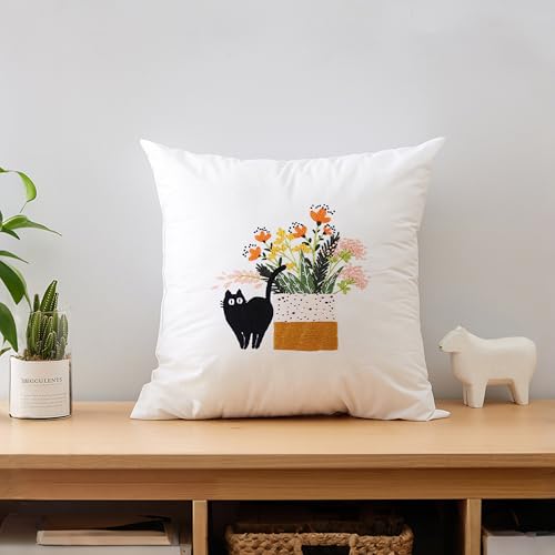 Image of KEKEMEOW 3 Sets Embroidery Kit for Beginners, Stitches with Black Cat and Flowers, Embroidery Stitch Practice kit for Adults Craft Lover, Needlepoint Hand Embroidery Kit with Pattern、Instruction、Hoop