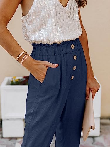 Nimin Work Pants For Women High Waist Pants With Pockets Stretchy Solid Chic Pants Loose Summer Beach Pants With Button Navy Blue X-Large #TOP3