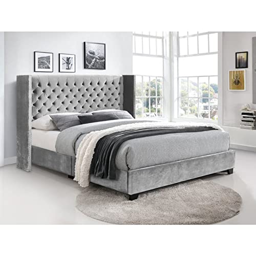 Nhi Express Contemporary Velvet Upholstered Deep Button Tufting Solid Frame Platform Bed With Wood Slats King/Queen Size, Silver #TOP4
