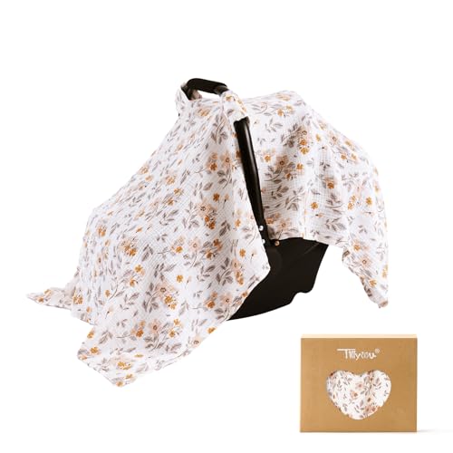 Image of TILLYOU Baby Car Seat Cover, Breathable Muslin Cotton Infant Car Seat Cover, Lightweight Canopy with Sun and Bug Protection(Yellow Flower)