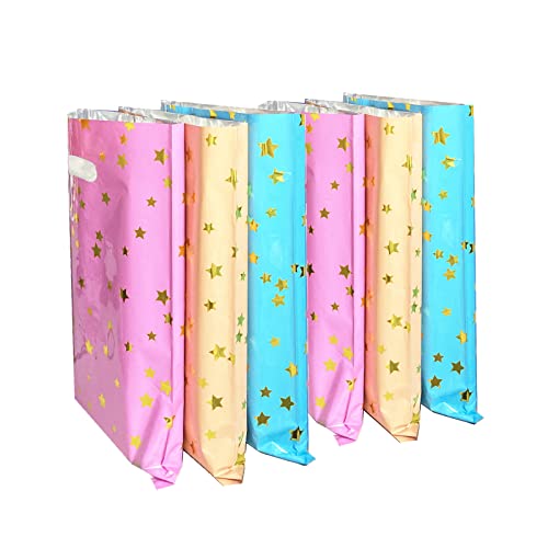 30 Bolsas de Regalo de Plástico Con Estrellas Surtidas, Bolsas de Regalo de Fiesta Brillantes de Doble Cara Con Asas, Bonitas Bolsas de Caramelos para Cumpleaños, Bodas(Morado, Naranja, Azul verde) Cover