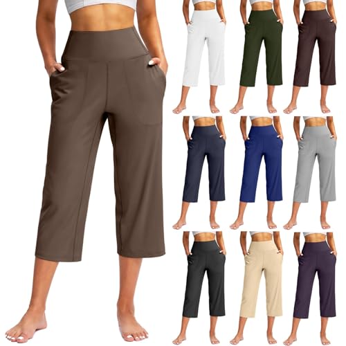 Order Again Returns and refunds s, Capri Pants for Women Summer Casual Elastic Waist Wide Leg Cropped Trousers with Pockets Plus Size Tummy Control Yoga Capris, Coffee, XL, Todays Deals