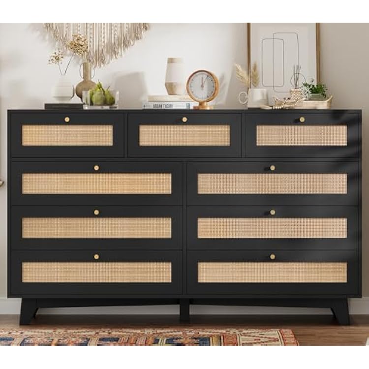 VIAGDO Black Rattan Dresser for Bedroom, 9 Drawer Barbados | Ubuy