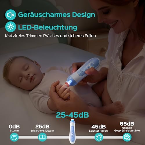COSLUS C52 Elektrische Nagelfeile Baby Wiederaufladbar: 2026 Electric Baby Nail Trimmer Sanfter 5 Geschwindigkeiten & 6 Schleifköpfe für Babys und Kinder Sicher und leise-CPC Zertifiziert Blau