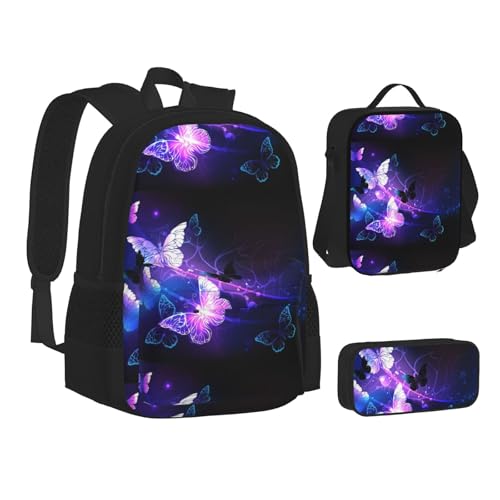 Ensemble sac à dos 3 en 1 noir en toile imprimé papillons avec sac repas et trousse