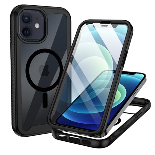 XTCASE Coque pour iPhone 12/12 Pro Magnétique Compatible avec MagSafe, 360 Degrés Intégrale Protégé Téléphone Etui avec intégré Protection écran, Antichoc Anti-Rayures Anti-jaunissement, Noir