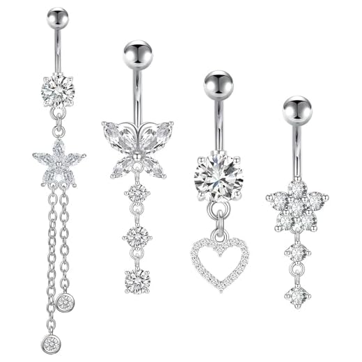 Générique 4 Pièces Piercing Nombril Acier Inoxydable, Piercing Nombril Anneau 14G Argent Pendant Percing Au Nombril CZ Coeur Papillon Fleur Barbell Anneau Corps Piercing pour Femmes