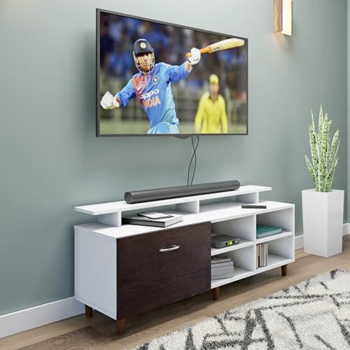 Image of VIKI Modern TV Unit for Living Room | Engineered Wood TV Cabinet with 1 Drawer Storage, 2 Open Shelves & Extension, Entertainment Unit, 140W x 48H x 40D cm | DIY | 1 Year Warranty (White & Wenge)