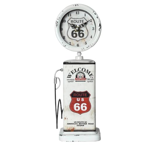 Lily's Home Old Fashioned Route 66 Gas Pump Mantle Clock, Silent-Non-Ticking with Quartz Movement, Makes an Ideal Gift for Antique Sign Collectors, White (13 1/2' x 4 3/4')