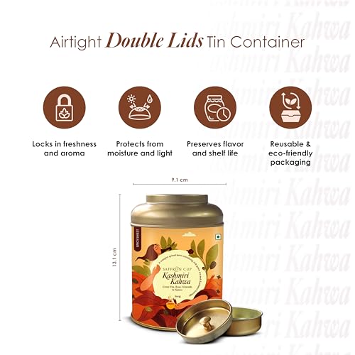Saffron Cup Kashmiri Kahwa Green Tea – 100g | Premium Blend with Saffron-Infused Flavor, Cardamom, Rose Petals, Cinnamon & Almonds (Airtight Double-Lid Tin)