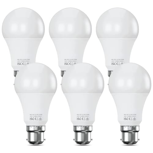Bayonet Light Bulb 100W Equivalent, Energy Saving B22 LED Bulbs, Warm White 2700K, 13.5W 1520 Lumens Light Bulb, Non-Dimmable, Super Bright BC GLS Light Bulbs, 6-Pack