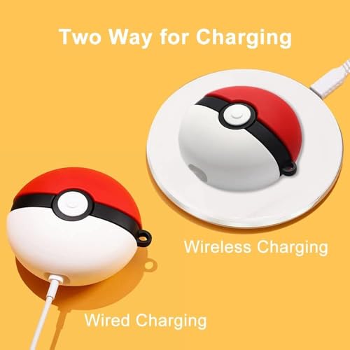 Image of Meyaar Earphone Case Cover Compatible for Realme Buds T300, Soft Silicone Skin Case Cover Shock-Absorbing Protective Case with Keychain (Front LED Visible) (Poke-Ball)