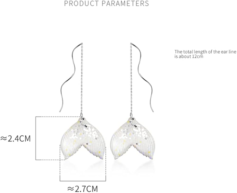 Miniatura 6 de Dainty Ocean - Pendientes colgantes de cola de sirena para mujer y niña plata de ley 925 lentejuelas acrílicas cola de pez línea larga curvada