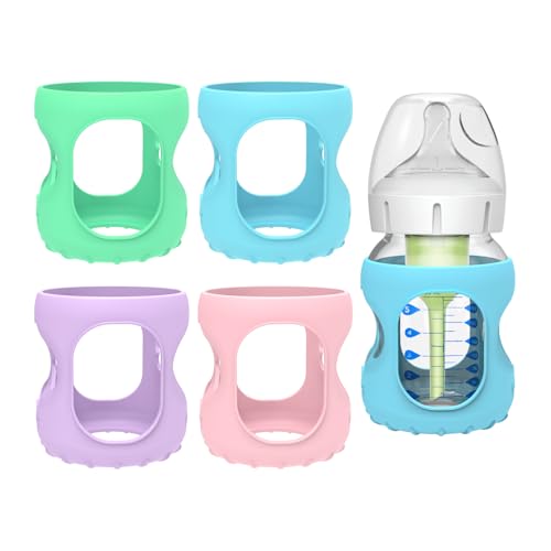 MORLIKE 4 Pack Silicone Sleeves Fit for 5 oz/150 mL Dr. Brown's Wide Neck Glass Baby Bottle, 100% Silicone Covers Protect Baby Glass Bottle, Easy to Grip Bottle Holders for ?WB53700-WEB ?WB51700-P4