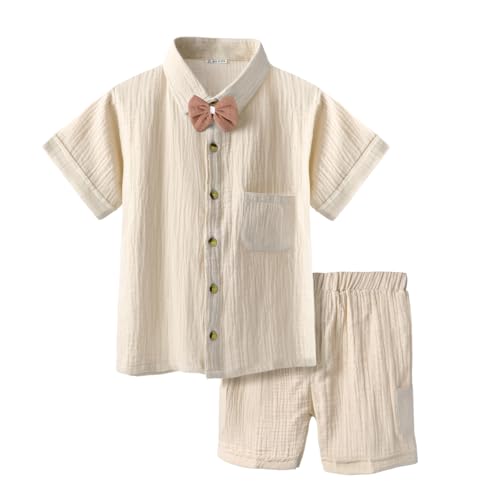 Image of Bold N Elegant Kids Linen Solid Shirt & Shorts Co-Ord Set|Stylish Party Short-Sleeve Shirt With Bow & Comfy Shorts|Cool & Comfortable Summer Wear