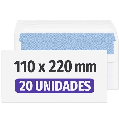 Sobre Americano, sobres DL, sobres de Papel Blancos para Cartas y Documentos, 80 g/m² con Cierre Autoadhesivo, Solapa rasgable, Diseño sin ventana, Tamaño 110 x 220 mm, 20 unidades