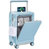 Somago Carry On Luggage Wide Handle 20 Inch Suitcase with Front Compartment Aluminum Framed PC Hardside 22x14x9 No Zipper Business Baggage with Spinner Wheels USB Charging Port TSA Lock (Light Blue)