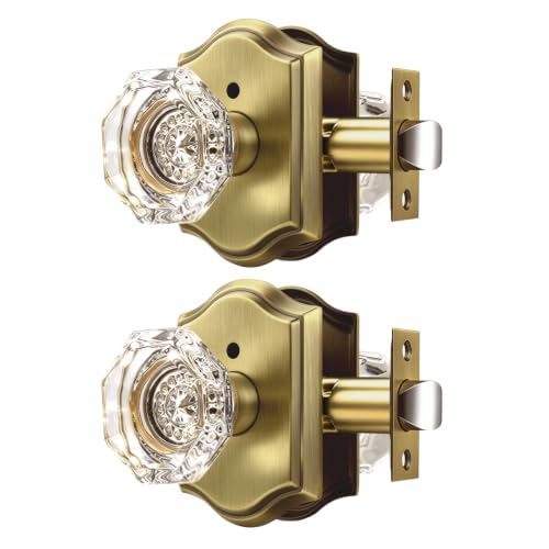 Orger Octagonal Crystal Door Knobs 2 Pack, Interior Privacy Door Handle for Bed/Bathroom with Pin Lock Inside, Antique Bronze Vintage Rosette Door Knob with Heavy Duty Genuine Glass