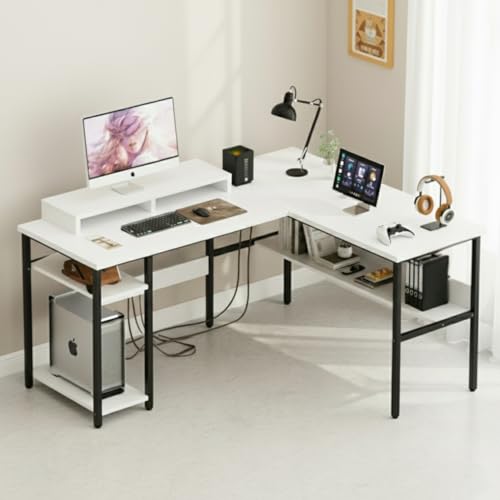 Image of TEKAVO Daino Computer Table for Home pc with CPU Storage | L Shape Office Table for Work | Corner Table with bottm Shelf | Workstation Table for Home | White Color