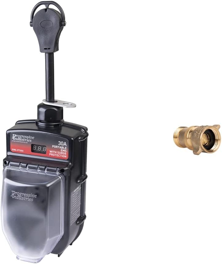 Progressive Industries RV Surge Protector 30 Amp, EMS-PT30X & Camco (40055) RV Brass Inline Water Pressure Regulator- Helps Protect RV Plumbing and Hoses from High-Pressure City Water