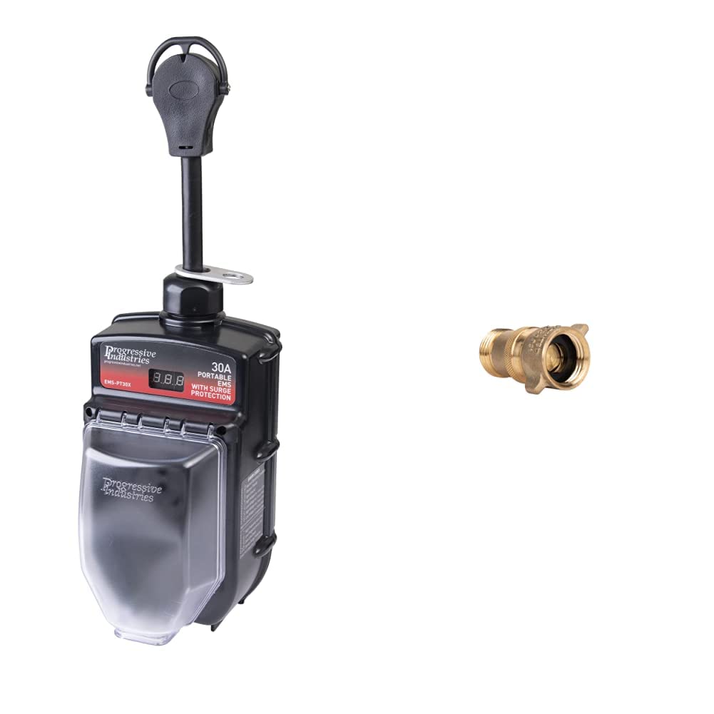 Progressive Industries RV Surge Protector 30 Amp, EMS-PT30X & Camco (40055) RV Brass Inline Water Pressure Regulator- Helps Protect RV Plumbing and Hoses from High-Pressure City Water