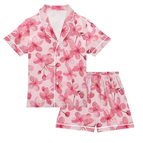Pink Cherry Blossoms Pajamas Set Summer Button Down Sleepwear Pjs Sets Comfy Loungewear