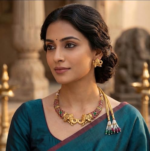 Image of Gold-Plated Antique Temple Jewellery Set for Women - Traditional Necklace with Large Peacock Pendant & Matching Jhumka Earrings | Ethnic Festive & Bridal Wear Set with Ruby & Emerald Accents