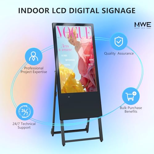 Image of JIYANG 32 Inch Indoor Digital Signage Display,Floor Standing Advertising Digital Kiosk with Wheels,Portable LCD Poster Totem Support HDMI Input,Split Screen,Timed Open /Off,Android System