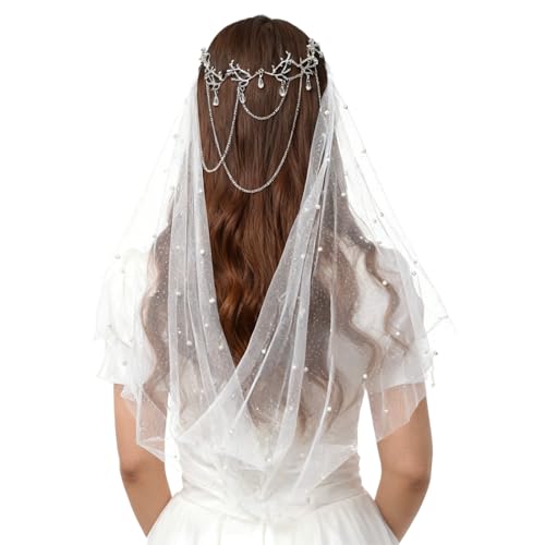 UniqKaliber Shining Pearl Elven Headpiece Goddess Headwear Medieval Fairy Costume Elf Dress Accessory Bride Wedding Veil