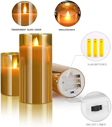 LED Candles Flameless Candles 4" 5" 6" Set of 3 Real Wax Light, Battery Operated Candles Glod Glass Pillars Realistic Flickering Wick Flame Mode, Lantern Candles with Remote Control 24 Hour Timer