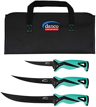 danco Pro Series Roll Up Bag Kit | 5" & 7" Fillet Knives and 9" Stout Knife | Full Tang German G4116 Stainless-Steel Blades with Teflon Coating, Nylon Roll Up Sheath, Perfect for Saltwater Fishing & Hunting (Seafoam)