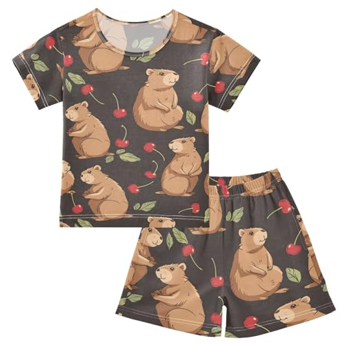 ALAZA Capybaras Cherry Fruit Pajamas Short Sleeve 2 Piece Sleepwear Top and Bottom Pajama Set Unisex