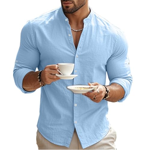 Image of Men's Linen Shirts Grandad Collar Long Sleeve Summer Shirt for Men UK Button Down Tshirt Beach Holiday Outing Tops Adult Outing Causal Cardigan Collared Lightweight Hawaii T-Shirts S-3xl