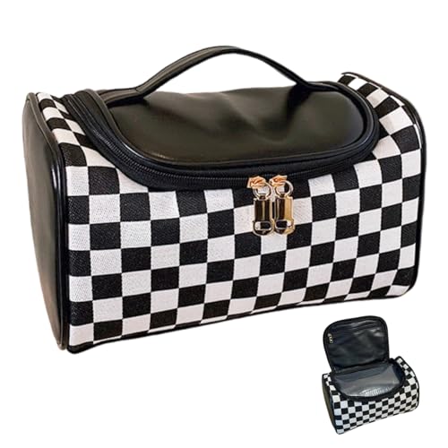 Checkered Makeup Bag Travel Purse Toiletry Bag Women Cute Cosmetic Case Portable Hanging Organizer for Essentials (Black)