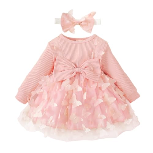 Kids Toddler Baby Girls Fall Winter Dress Solid Ruffle Dress Long Sleeve Dress Princess Party Skirt Outfit Set with Headband Pink 2 0-3 Months