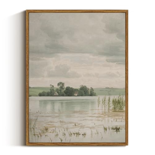 InSimSea Framed Canvas Prints Art Vintage Decor, Countryside Wall Art Decorations for Living Room, Retro Lakeside Paintings Prints, Home Wall Decor for Bathroom Bedroom, 12"x16"