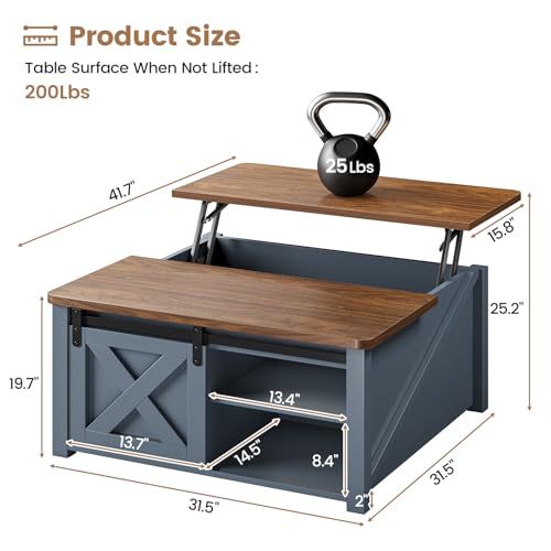 Image of SEDETA 31.5 inch Lift Top Coffee Table with Storage, Square Coffee Tables for Living Room, Farmhouse Coffee Table with Large Hidden Storage Compartment and Adjustable Shelves, Blue